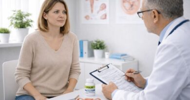 Kobieta przed ciążą podczas wizyty u lekarza w jasnym gabinecie; lekarz notuje na clipboardzie, na biurku leżą materiały medyczne.