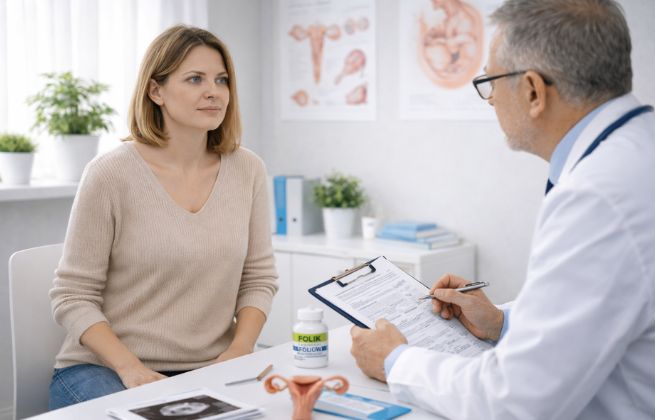 Kobieta przed ciążą podczas wizyty u lekarza w jasnym gabinecie; lekarz notuje na clipboardzie, na biurku leżą materiały medyczne.