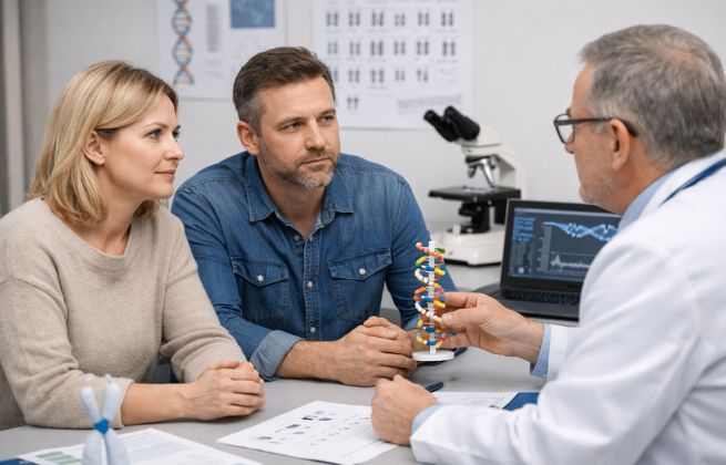 Polska para po 35. roku życia podczas konsultacji u genetyka klinicznego – lekarz pokazuje model DNA w gabinecie.